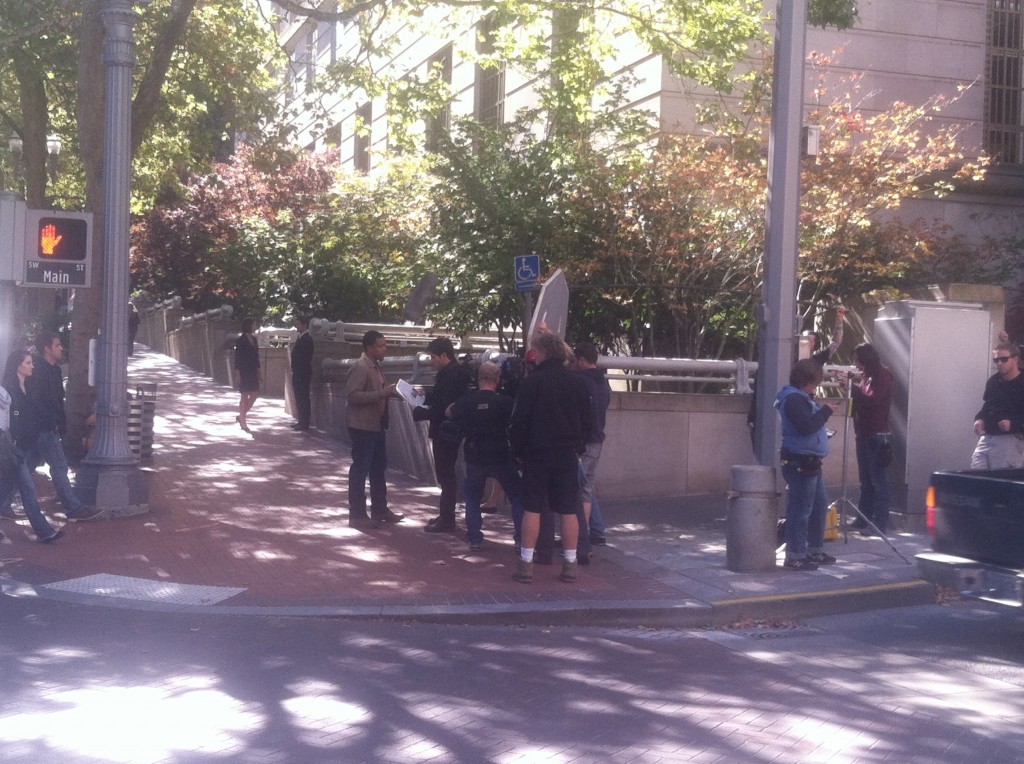 David Giuntoli and Russell Hornsby filming Grimm in Portland